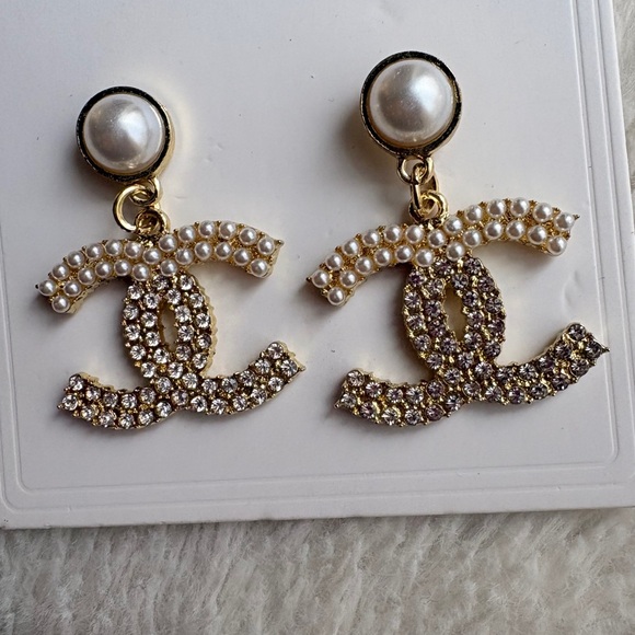 C Jewelry - CHANEL Gold and Cream Pearl Logo Earrings